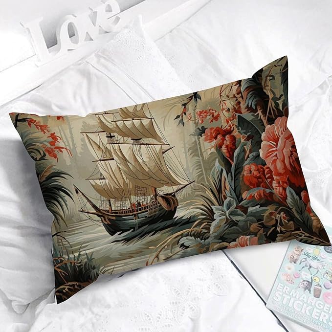 Moore Manor Antique Chinoiserie Lumbar Cushion Cover Vintage Boats and Flowers Pillowcase 16x26in Retro Accent Outdoor Garden Decoration for for Living Room Bed Farmhouse Patio