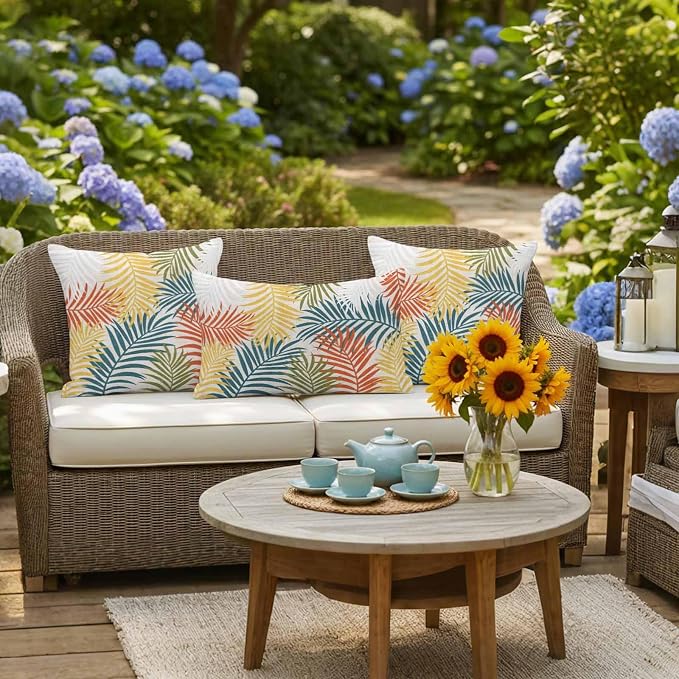 Yellow Green Palm Leaves Outdoor Pillow Covers 18"x18" Set of 2, Summer Botanical Vintage Tropical Leaf Rustic Waterproof Throw Pillow Covers for Patio Furniture, Decorative Cushion Covers for Porch
