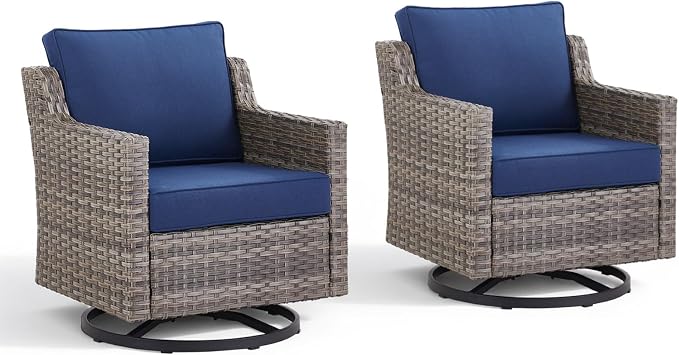 Outdoor Swivel Rocker Patio Chairs-High Back Wicker Swivel Rocker Patio Chairs Set of 2,PE Wicker Chair Patio Furniture Sets with Covered Cushions for Porch Balcony Patio Grey/Blue