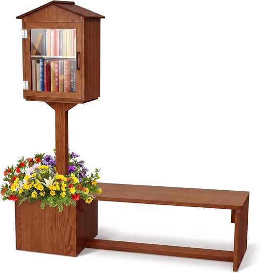 Wonderjune 3-in-1 Little Library Box Outdoor with Bench & Planter DIY Paintable Lending Free Library Pine Wood Neighborhood Share Box Ground Mount Kit for Yard Garden Community School(Dark Brown)