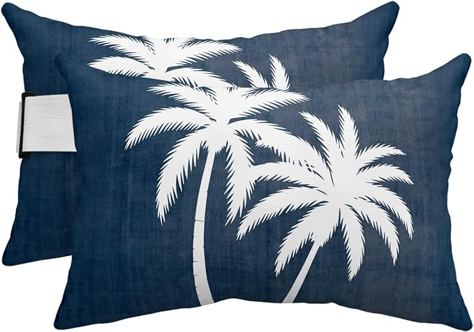 Navy Blue Palm Trees Outdoor Pillows for Chaise Lounge Chair Beach Headrest Pillow Set of 2 Waterproof Lumbar Pillows with Insert&Strap Summer Coastal Tropical Botanical Recliner Pool Pillow 12"x20"