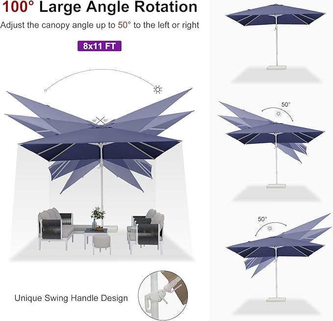 PURPLE LEAF 8' X 11.5' Right-left Tilt White Cantilever Umbrella with Base Patio Outdoor Swivel Umbrellas with Aluminum Tilt Offset Umbrella with 360° Rotation for Deck Pool, Navy Blue