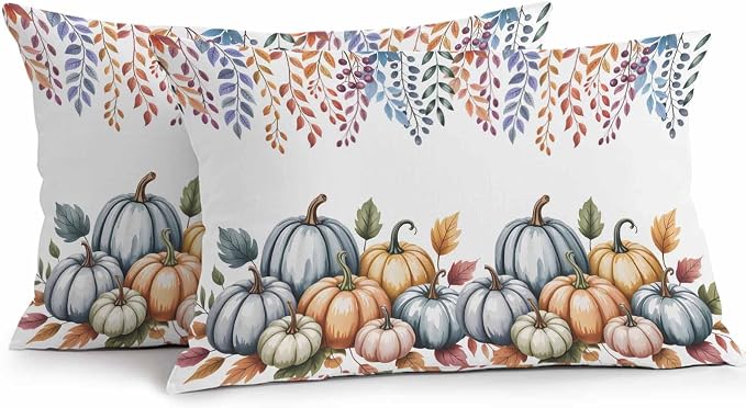 Orange Fall Pumpkins Outdoor Waterproof Pillow Covers, Eucalyptus Leaves Country Farmhouse Decorative Rectangle Throw Pillowcase Sofa Cushion Sham for Patio/Couch/Chair, 20"x12" 2 Pack