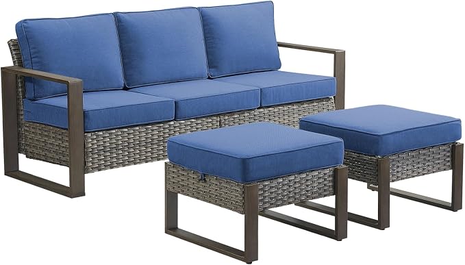 3 Pieces Patio Sofa Set with Metal Arm, High Back Wicker Sectional Outdoor Sofa with Ottomans, Outdoor Seating Furniture High Back Conversation Set for Balcony Deck Porch Backyard, Grey/Blue