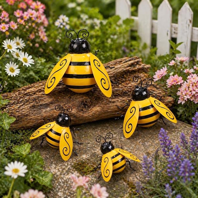 Metal Bumble Bees Garden Outdoor Decor Honey Bee Yard Art Outside Patio Fence Home Wall Decorations (Set of 4)