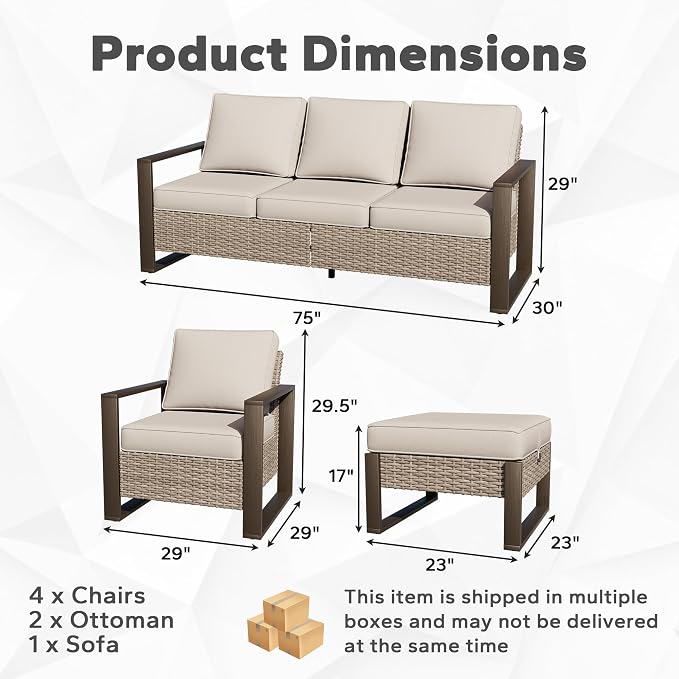 Joyside Outdoor Patio Chairs, 7 Pieces Wicker Rattan Furniture Set, 4 Patio Chairs, 1 Sofa and 2 Ottoman, Metal Wide Armrest, Thick Cushions and Deep Seating for Garden, Backyard, Porch, Deck