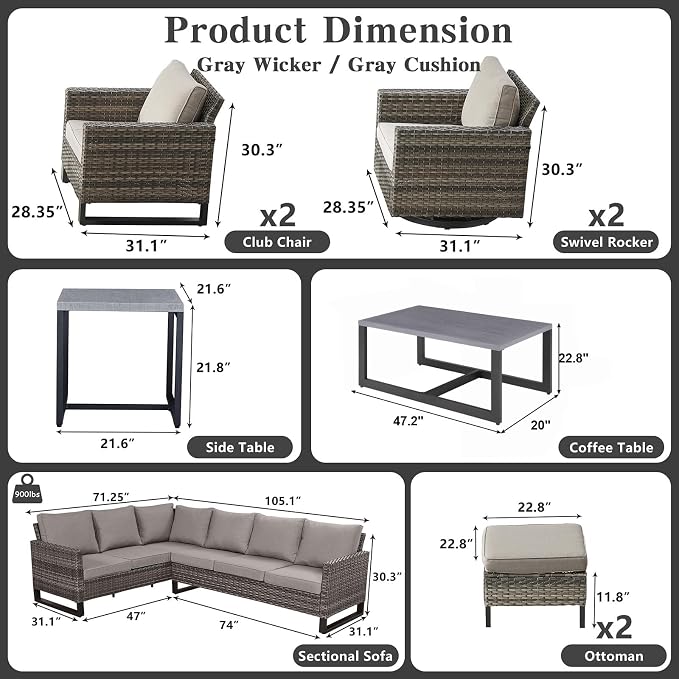 Belord Outdoor Sectional Furniture with Swivel Rocker Chair, 10 Pieces Wicker Patio Furniture Sets with Ottoman L Shaped Sofa Coffee Table Grey Cushion