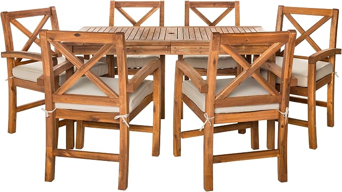 Walker Edison Delray Classic 7 Piece Acacia Wood Outdoor Dining Set with X Back Chairs, Set of 7, Brown