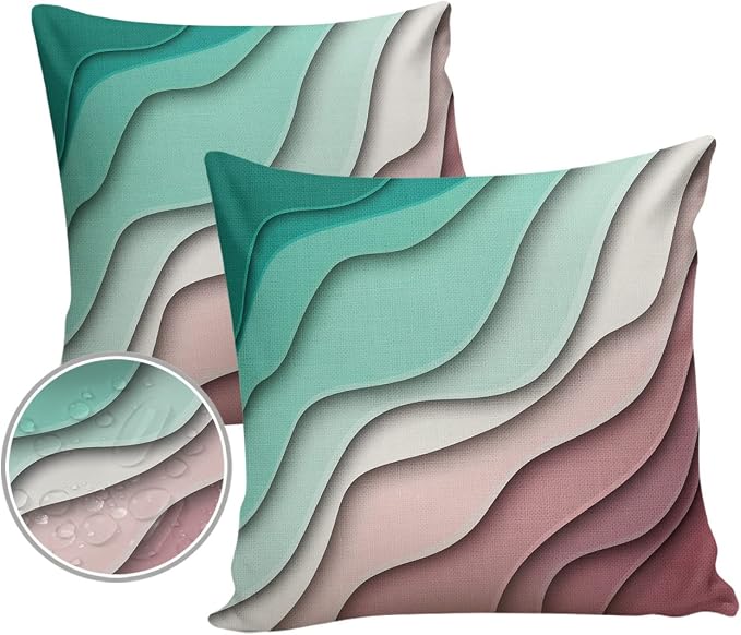 Outdoor Waterproof Pillow Covers for Patio Furniture Green Modern Geometric Decorative Throw Pillow Cover Turquoise Abstract Beach Pillowcases Set of 2 Cushion Case for Sofa Couch 16 x 16 Inches