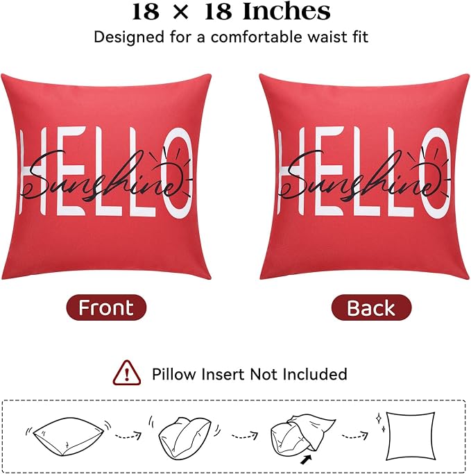 Lewondr Waterproof Outdoor Throw Pillow Cover, 18×18", Red | 2 Pack, Hello Sunshine Printing, Summer Garden Decor, For Patio Sofa, Balcony Couch, Bench Porch