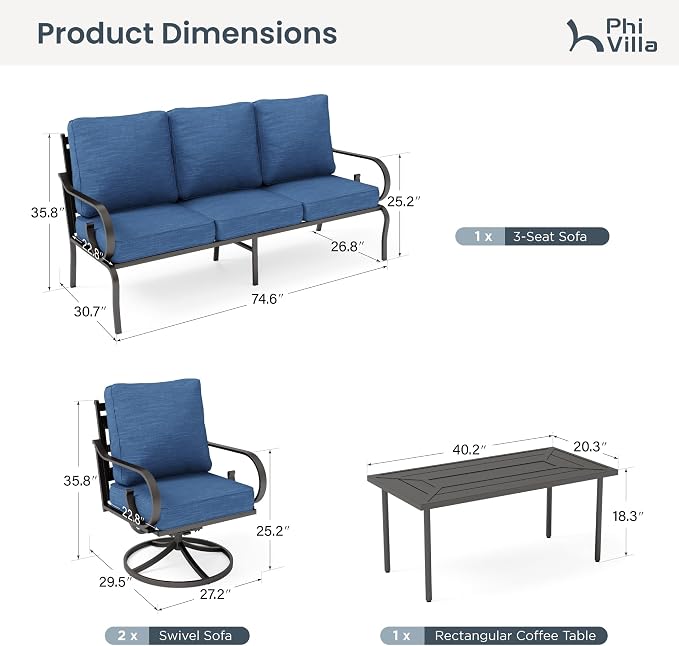 PHI VILLA Patio Furniture Set, 3-Seater Sofa, 4 Swivel Chairs and a Coffee Table, Outdoor Metal Conversation Set with 5.75" Extra Thick Cushion for Garden Backyard Deck, Navy