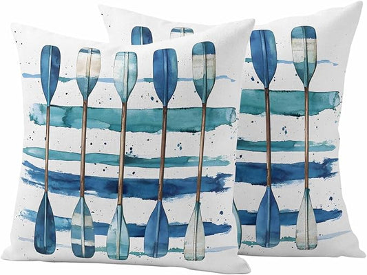 Outdoor Pillow Covers 24x24 Set of 2, Lake Paddles Waterproof Patio Throw Pillow Covers for Couch Sofa Chair, Summer Watercolor Teal Blue Striped Decorative Pillowcases for Throw Pillows