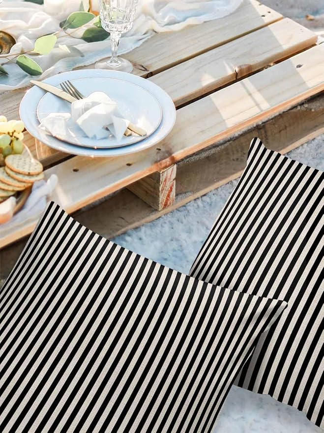 Outdoor Waterproof Throw Pillow Covers Set of 2 Black Stripes Pillowcases 16x16 Inches Linen Classic Vertical Striped Patio Decorative Pillows Cushion Case Patio Pillows for Couch Bed Chair Garden