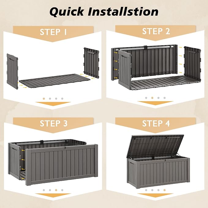 Fancyango 150 Gallon Outdoor Deck Box Waterproof, Large Storage Box for Patio, Resin Storage Bench Lockable for Garden Tools, Package Delivery, Grey