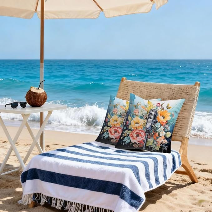 18x18 Inch Outdoor Pillow Covers Set of 2 Waterproof Throw Pillow Covers Decorative Couch Cushion Covers Microphone Floral Square Pillowcases Protectors for Patio Garden Sofa