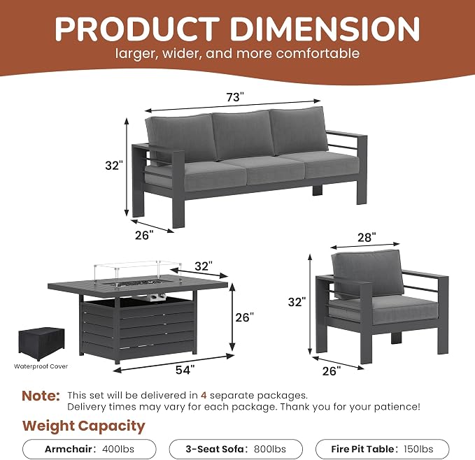 Solaste Aluminum Patio Furniture Set with Fire Pit Table, 4 Piece Metal Outdoor Furniture with Water-Resistant Cushions, Modern Patio Conversation Set for Balcony, Front Porch, and Backyard, Grey