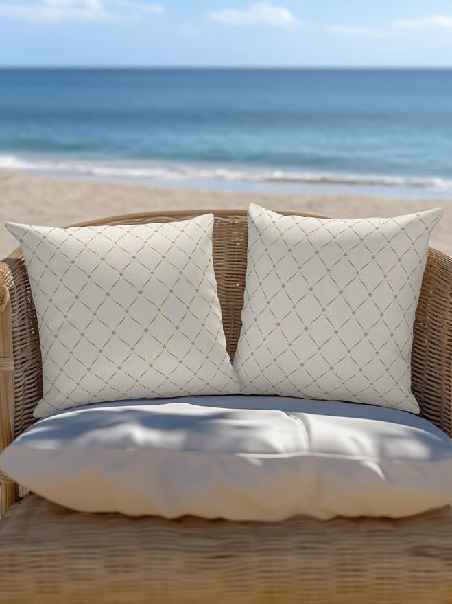 Waterproof Outdoor Pillow Set of 2 Beige Grid Plaid Decorative Throw Pillows Cover & Insert 18x18 Inch Pillowcase Diagonally Crossed Lines Pillows for Couch Sofa Bed Patio Furniture Indoor Outdoor
