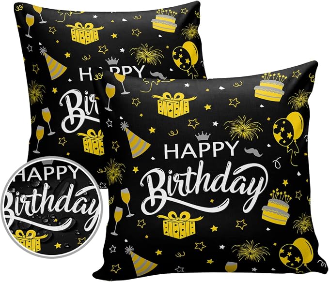 Prime Leader Outdoor Waterproof Pillow Covers Set of 2, Happy Birthday Cake Firwoks Black Patio Throw Pillow Covers, Decorative Cushion Case for Couch Sofa Furniture Garden, 26x26 Inch
