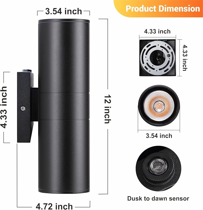 DAKAFUL Dusk to Dawn Outdoor Lighting Sensor Wall Lights 2Pack, 12W 2700K Integrated LED Cylinder Up Down Lights Outdoor, IP65 Waterproof Aluminum Wall Sconce Exterior Wall Light for Porch Patio etc.