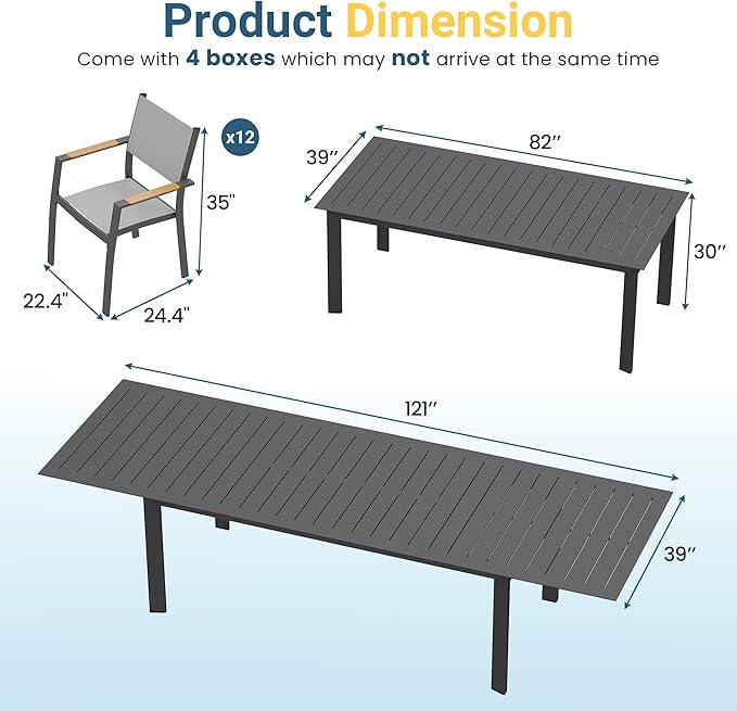 Wisteria Lane Aluminum Outdoor Patio Table and Chairs Set with 121" L-81 L Expandable Dining Table, 13-Pieces Outdoor Dining Set for 12, Patio Furniture Set with Stackable Quick Drying Chairs, Grey