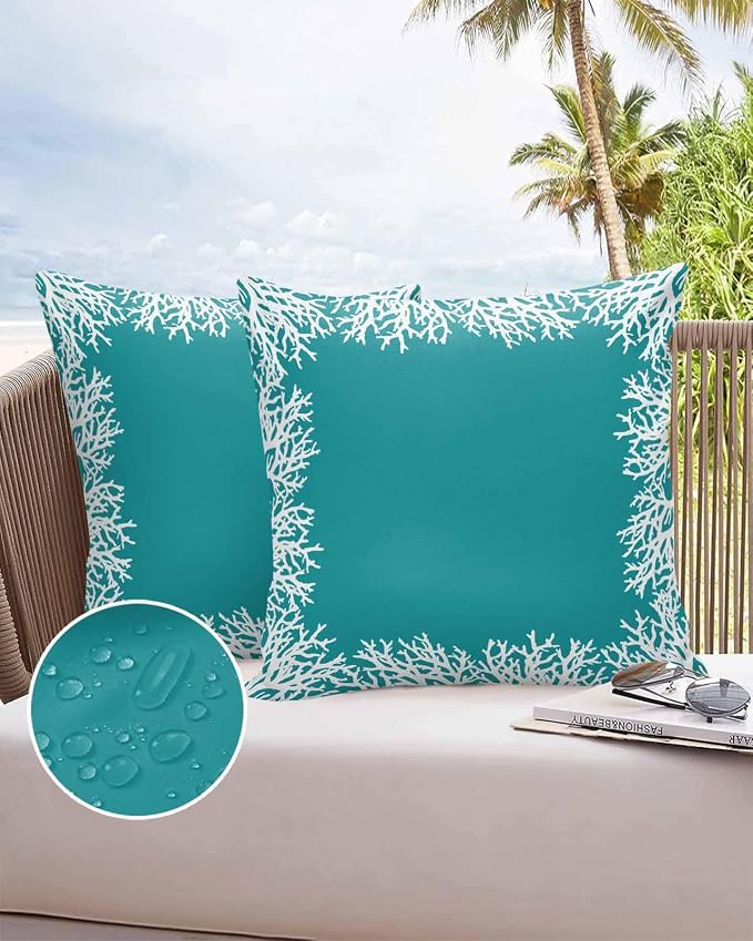 Vandarllin Outdoor Throw Pillows Covers 18x18 inch Set of 2 Waterproof Turquoise Coral Decorative Zippered Cushion Covers for Patio Furniture, Coastal Marine Life Lumbar Pillowcases