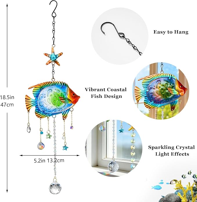 18.5inch Tropical Fish Crystal Suncatcher for Window Hanging Coastal Decor | Prism Sun Catchers Indoor Window,Metal Sun Catcher for Beach Ocean Garden Home Indoor Decor,Ocean Gift For Beach Lovers