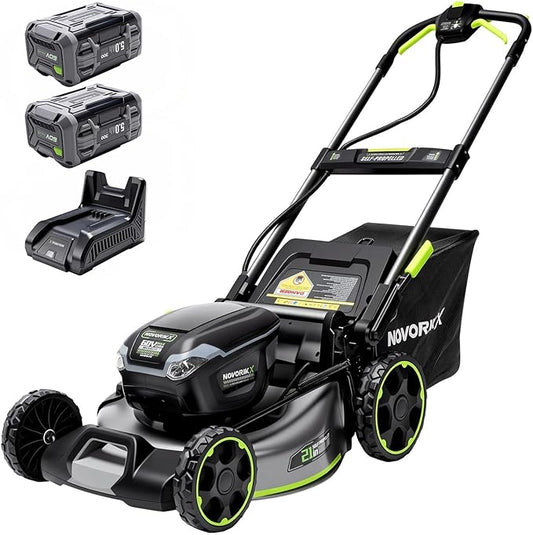 NovorikX 60V Cordless Lawn Mower with 2X5.0Ah Battries, 21" Self Propelled Electric Lawn Mower, Brushless Motor, LED Headlight 3 in 1 Mulching Bagging Side Discharge Obsidian Black
