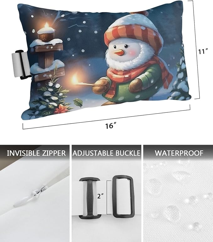 Outdoor Pillows Covers with Inserts Cute Gnome Matchstick Snow Christmas Waterproof Recliner Pillow with Adjustable Strap Throw Pillows for Patio Furniture Pool Lounge Chair, 11x16 inch, 1PCS