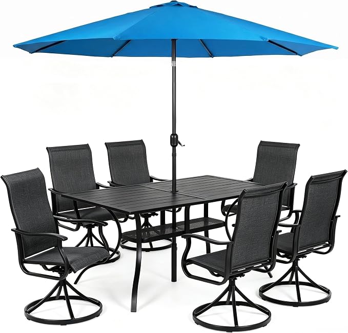 Crownland 7 Piece Furniture Patio Dining Set with Sky Blue Umbrella, 6 Swivel Metal Chairs and Rectangular Outdoor Dining Table, Outdoor Furniture Dining Set for Lawn, Backyard, Garden(Black)