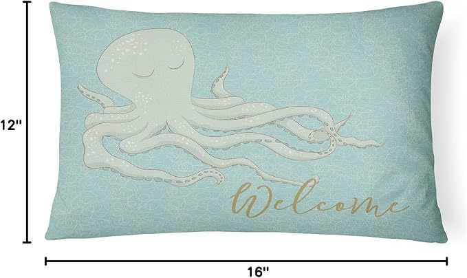 Caroline's Treasures BB8553PW1216 Octopus Welcome Canvas Fabric Decorative Pillow Machine Washable, Indoor Outdoor Decorative Pillow for Couch, Bed or Patio, 12HX16W