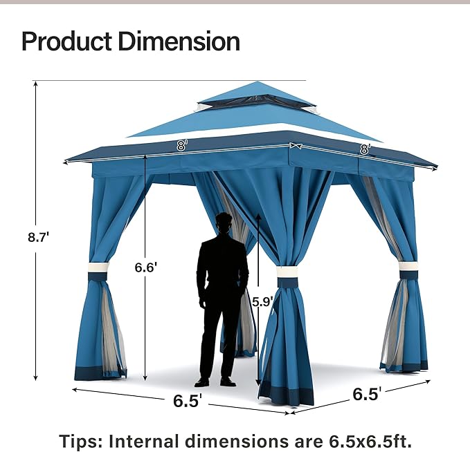 LAUSAINT HOME Patio Gazebo 8'x8', Outdoor Heavy Duty Party Tent Shelter with Double Roofs, Mosquito Nettings and Privacy Screens for Backyard, Garden, Lawn, Steel Blue