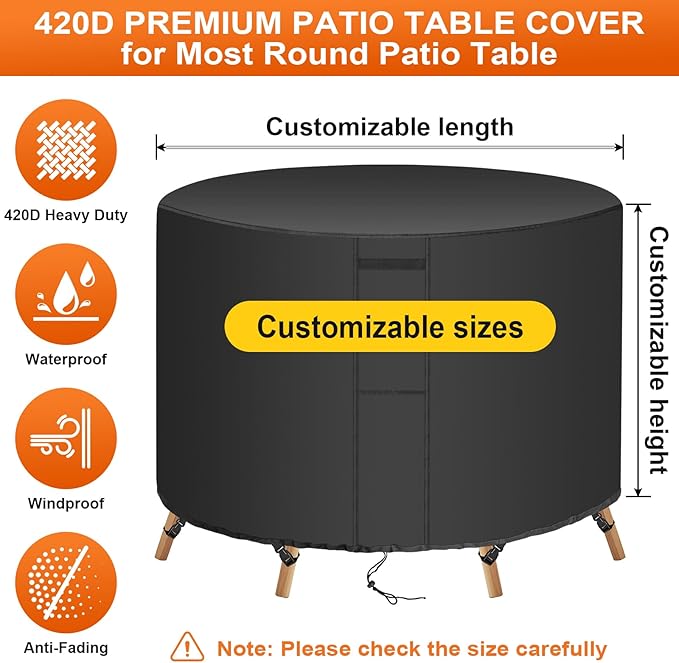 48"(D) x 40"(H) Round Outdoor Furniture Cover, Custom Heavy Duty 420D Waterproof Patio Furniture Cover with Drawstring & Buckles for Table Chair Garden, Black