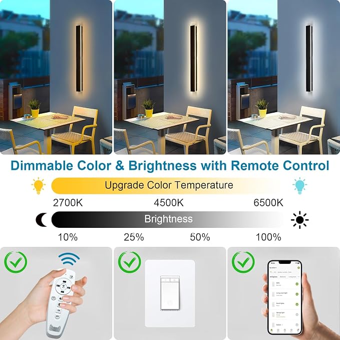 2 Pack 24" Modern Outdoor Wall Lights, 2700k-6500k Dimmable Long Wall Light | 3 Color Temperature Adjustment, IP65 Waterproof , Remote Control Adjustment, Smart Switch Compatible