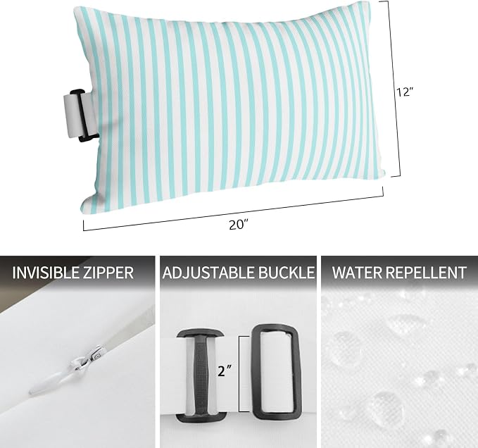 Outdoor Lumbar Pillows 12x20 Set of 2, Thin Aqua Striped Waterproof Throw Pillow Covers with Insert, Farmhouse Modern Stripes Decorative Support Pillows for Lounge, Chaise