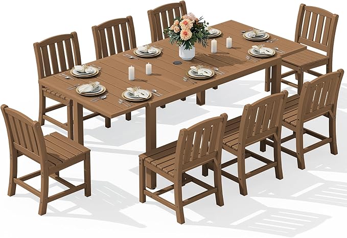 SERWALL 9-Piece Outdoor Dining Set, 60" - 83" Expandable Outdoor Dining Table and 8 HDPE Chairs, All Weather HDPE Outdoor Furniture Set for Backyard, Garden, Brown
