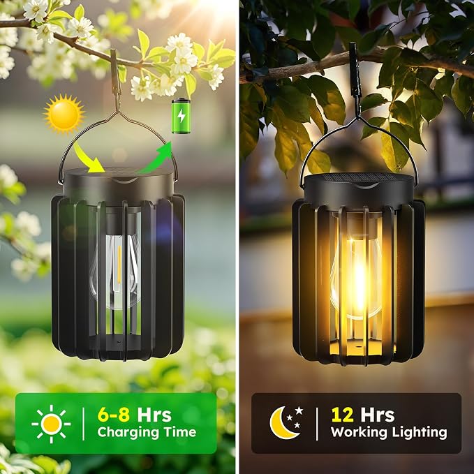 4 Pack Solar Lanterns Outdoor Waterproof, Retro Metal Hanging Lantern | 12-Hr Runtime Outdoor Solar Lantern, Auto On At Dusk, High Bright Hanging Solar Lights for Garden Porch Patio Decor, Black