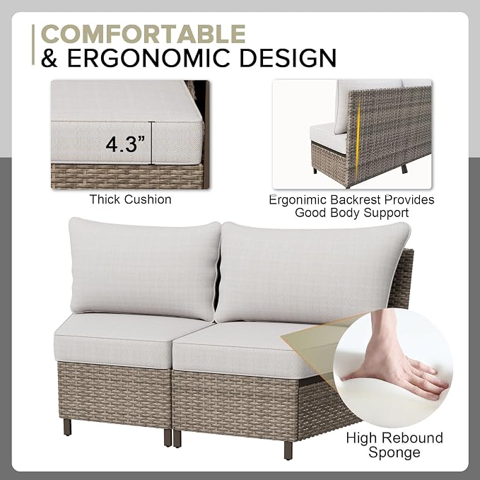 COOS BAY Aurora Terrace 4 Piece Outdoor Sectional Furniture Set, Half Moon Rattan Wicker Conversation Set with 4 Seat Sofa & Coffee Table for Patio Garden Yard, Beige/Beige