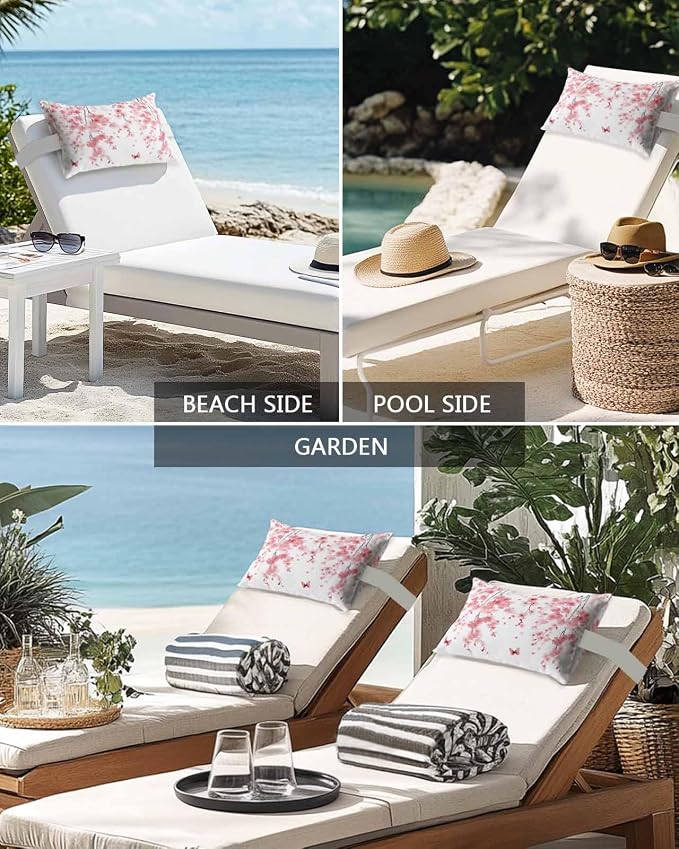 Pack of 2 Outdoor Lumbar Cushions with Inserts, Pink Peach Blossoms Flowers Branches Butterflies Waterproof Fluffy Fade Body Pillows, Patio Furniture Pillow for Home Balcony Garden Decor 11x16IN