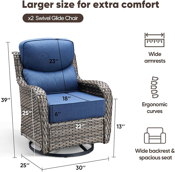 Swivel Patio Chairs sofa Set of 2 with 6" Thick Cushion - Wicker Outdoor Swivel Rocker Patio Chair ,Sofa/Glass coffee table, High Back Comfortable Outdoor Glider Chairs - Grey Wicker | Blue Cushions