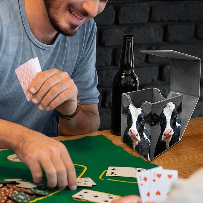 Black White Cow Card Deck Box for MTG, Personalized Card Storage Case Fits 120+ Sleeved Cards, Premium Leather TCG Box with Strong Magnetic Closure for Magic, CCG, PTCG, Baseball Cards