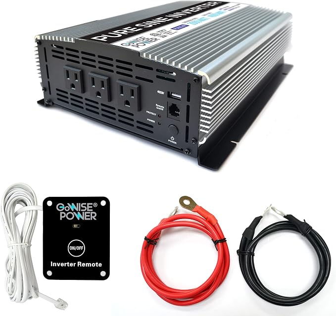 2000W Pure Sine Wave Power Inverter 12V DC to 120V AC with 3 AC Outlets + 1 5V USB Port, Remote Switch and 2 Battery Cables (4000W Peak) PS1003, 2021 Version, Grey