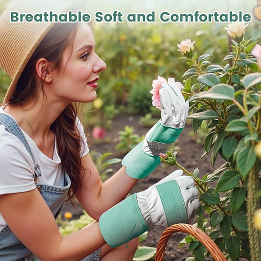 Gardening Gloves, Long Thorn Proof Garden Gloves for Women and Men, Goatskin Breathable Leather Work Gloves for Gardening, Pruning, Yard Work, Turquoise, L