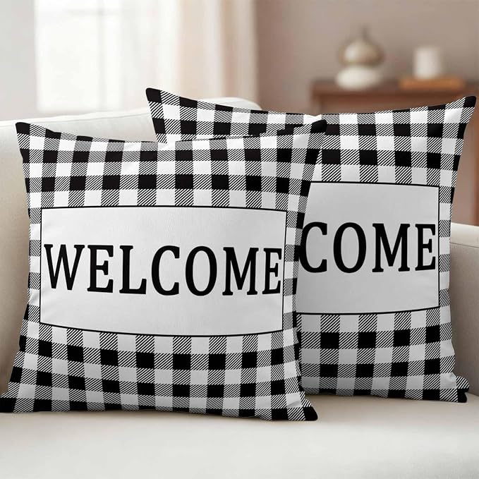Welcome Black Outdoor Pillow Covers Set of 2 White Buffalo Check Plaid Waterproof Throw Pillow Cover Decorative Cushion Cases for Patio Porch Garden 20X20 Inch