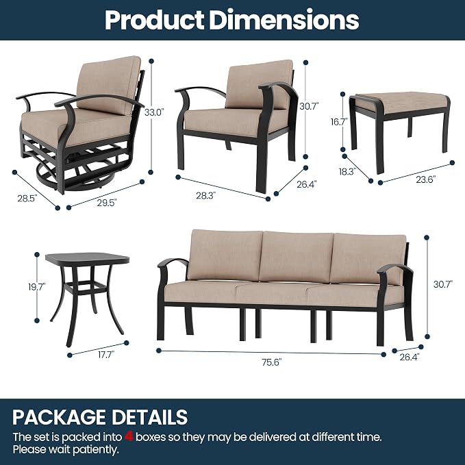 Aluminum Outdoor Patio Furniture Set,7 Seats Patio Conversation Sets with 2 Ottomans,Metal Patio Sectional Furniture Set with 2 Swivel Rocking Chairs,Sand