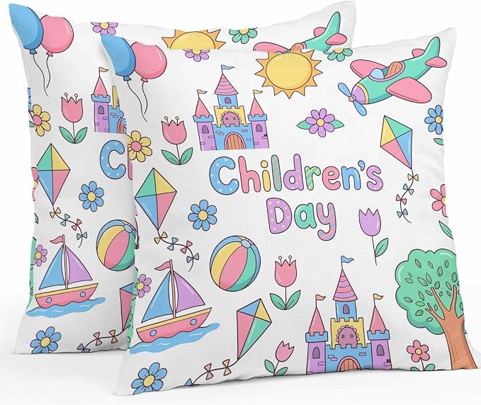 Pack of 2 Children's Day Outdoor Pillow Covers Decorative, Waterproof Pillow Protector, Airplanes Sailing Boats Tree Cartoon School Throw Pillowcases Accent Cushion Cases for Patio Couch Sofa 16"x16"