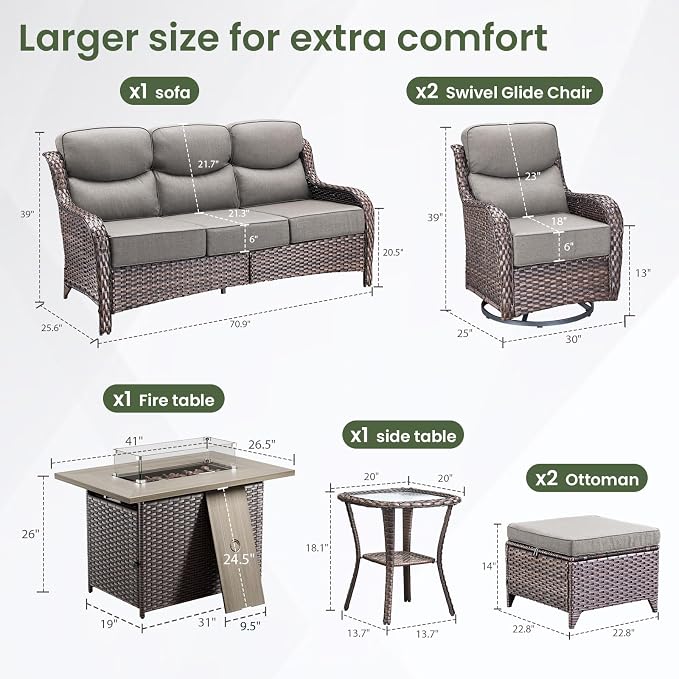 Luxury Patio Furniture Set with 6-inch Thick Cushion, Outdoor Furniture with Fire Pit Table, Swivel Chairs, Sofa, Side Table, Ottomans, 7pcs Wicker Conversation Set (Brown Wicker | Grey Cushion)