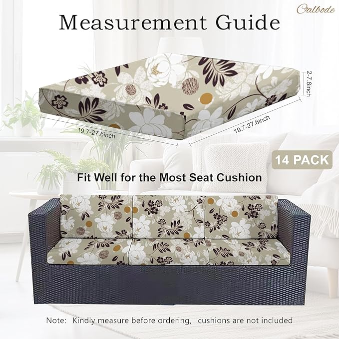 CALBODE 14 Pcs Waterproof Patio Cushion Covers, Floral Printed Stretch Outdoor Sofa Cover for Patio Furniture, Washable Chair Covers Reusable Furniture Protector for Fall Decor (Brown, Cover Only)