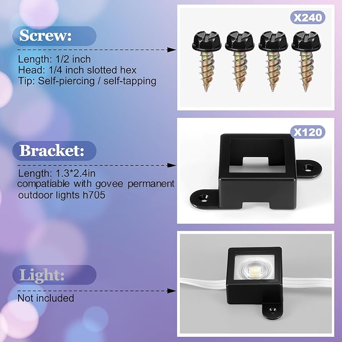 Beeveer 120 Light Clips for Govee H705 H805 with 240 Screws Mounting Clips Compatible with Govee Permanent Outdoor Lights Extension (Black)