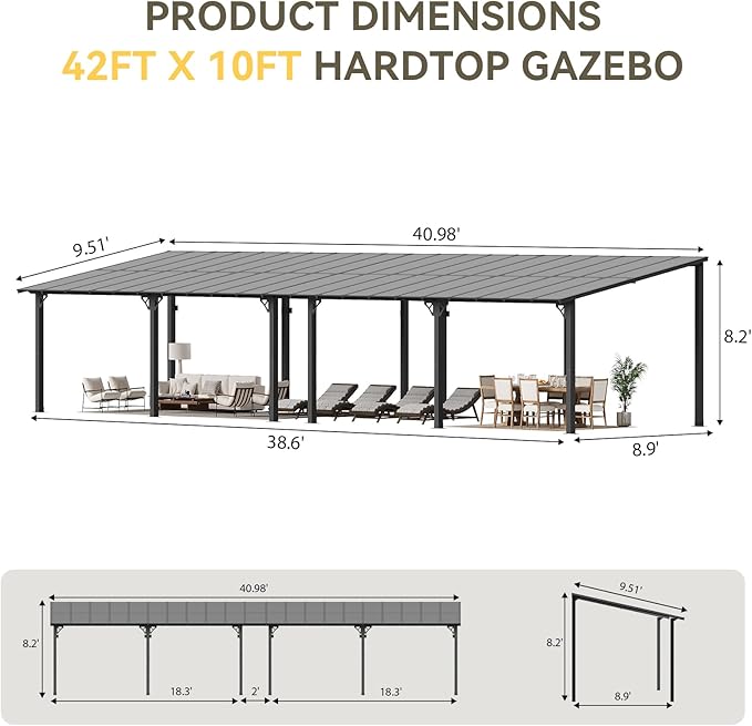 Aoxun 42' x 10' Pergola for Patio, Gazebo with Sloped Roof, Grill Pergola Large Wall-Mounted Heavy Duty Awnings, for Backyard, Deck, Patio