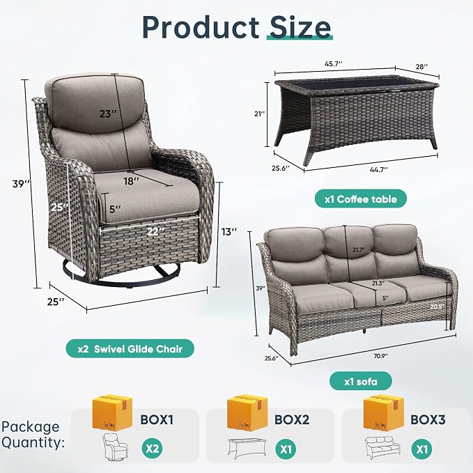 Outdoor Swivel Rocker Patio Chairs Set of 4 with Sofa - 5" Thick Cushion 4 Piece Furniture Set with Sofa All Weather Wicker Conversation Set for Porch Deck - Gray/Gray